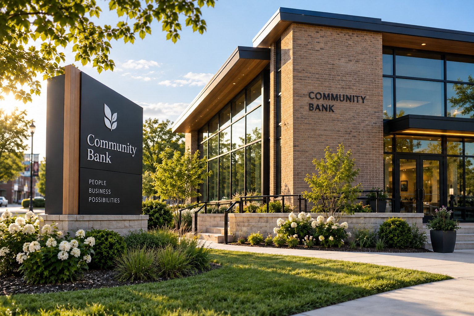 A community bank branch at golden hour, with its monument sign and landscaped entrance