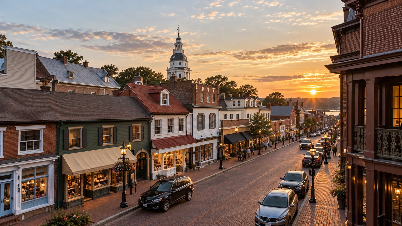 A historic Main Street at sunset, its brick street receding past local shops toward the harbour