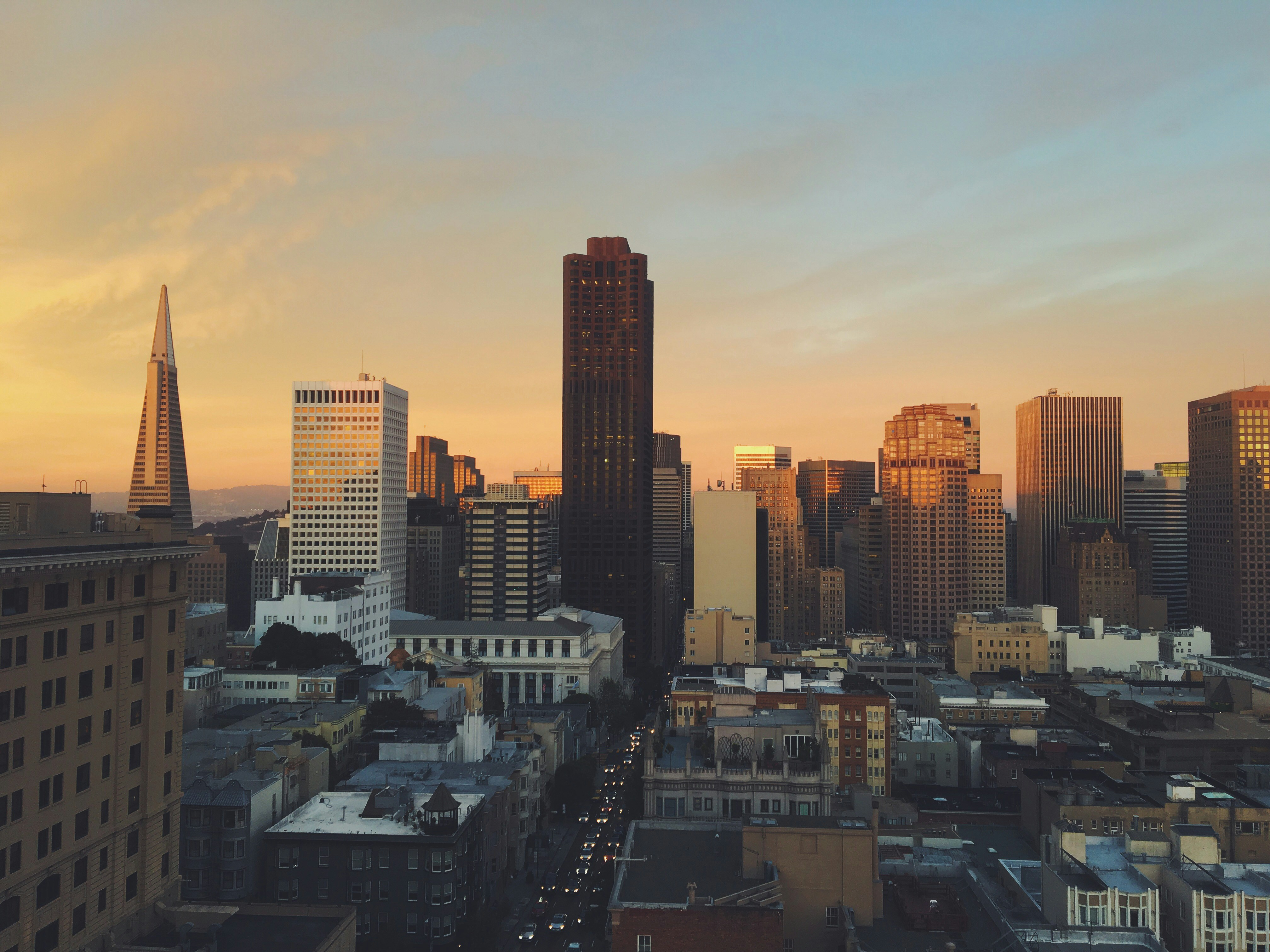 City financial district at dusk